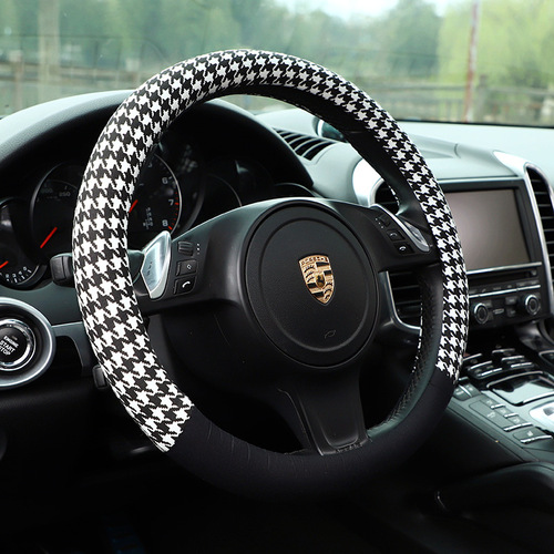 Car steering wheel cover Houndstooth stretch cotton steering wheel cover All-season anti-slip creative car handle cover