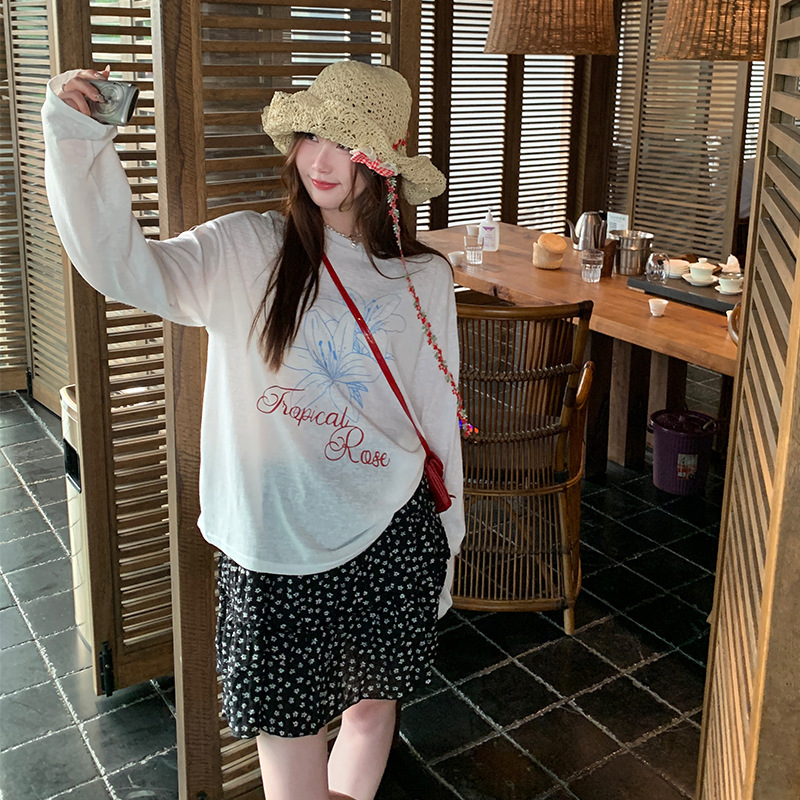 Sun Protection Blouse Women's Thin Tencel Summer 2025 New Printed Loose White Long-Sleeved T-Shirt Top