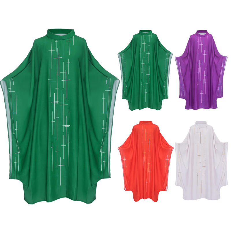 Halloween Party Medieval Retro Stand Collar Robe Long Shirt Cross Print Batwing Sleeve Stage Performance Costume