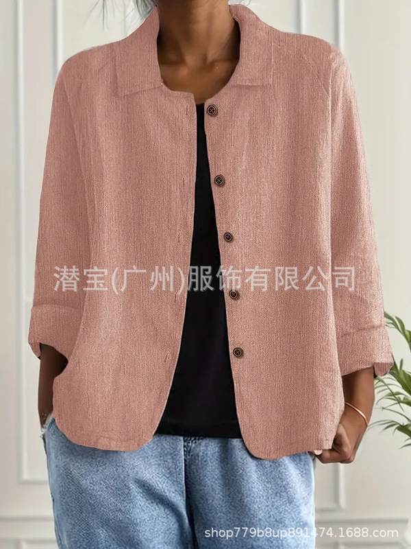 2025新款现货跨境外贸欧美女装纯棉上衣衬衣领休闲显瘦开衫外套女|undefined