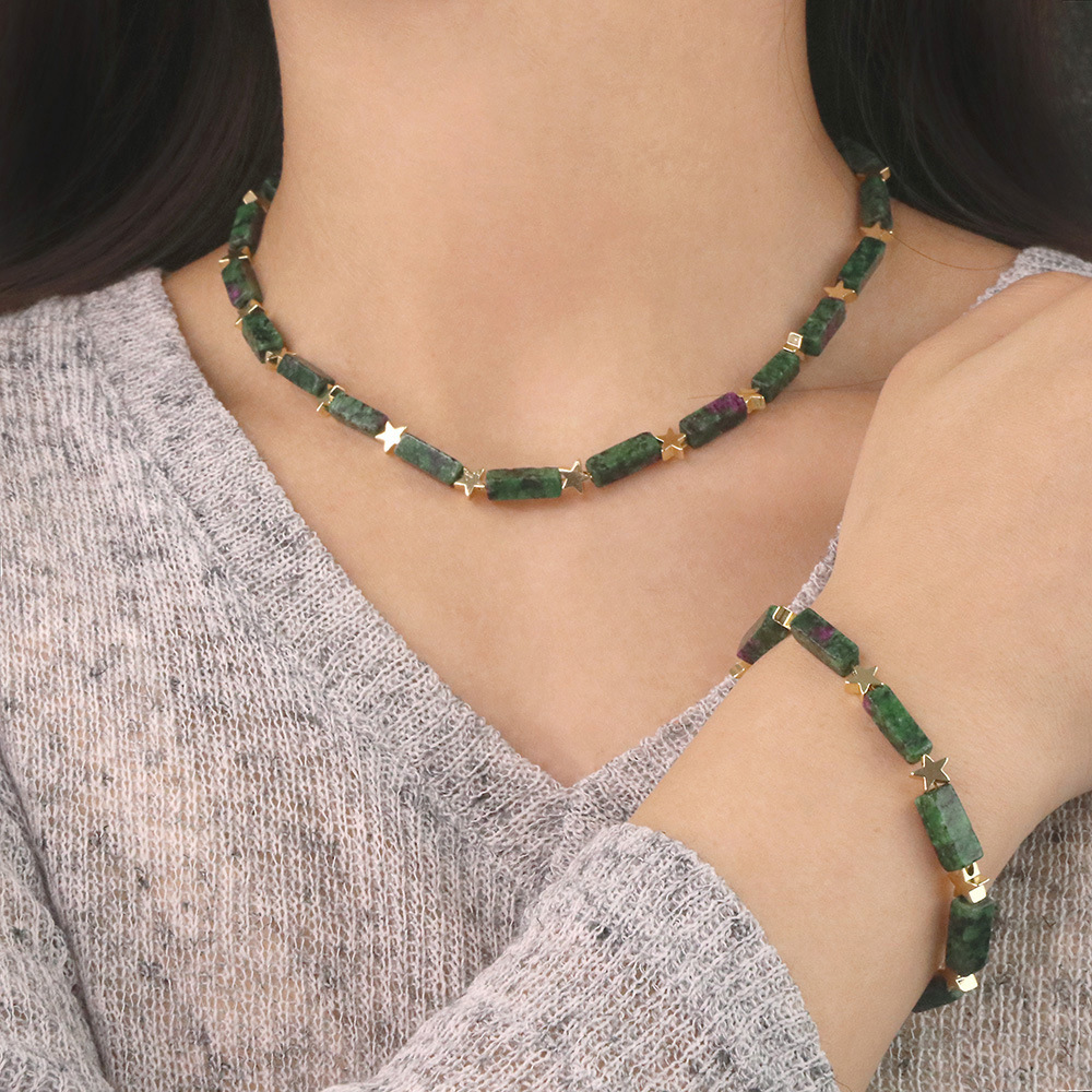 Fashion Pentagram Rectangle Copper Beaded Agate Bracelets Necklace