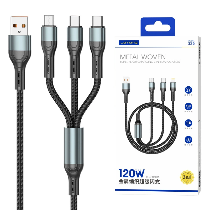 Кабель для зарядки 100W с быстрой зарядкой, совместимый iPhone, One-to-one 3-в-1 6A