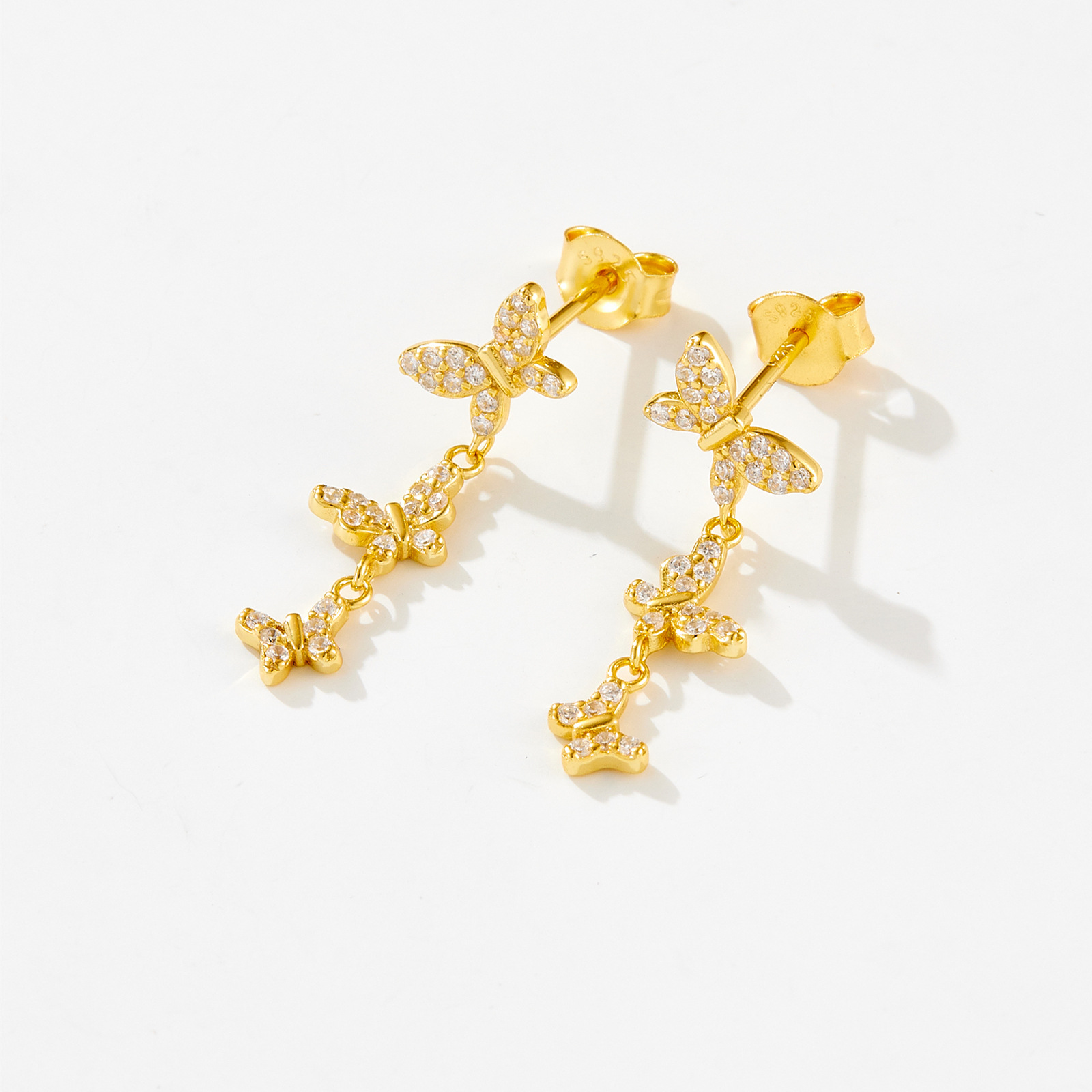 18K Real Gold Plated, Platinum Plated Plating Material 1 Pair 18K Gold Plated 925 Sterling Silver Zircon Butterfly Drop Earrings
