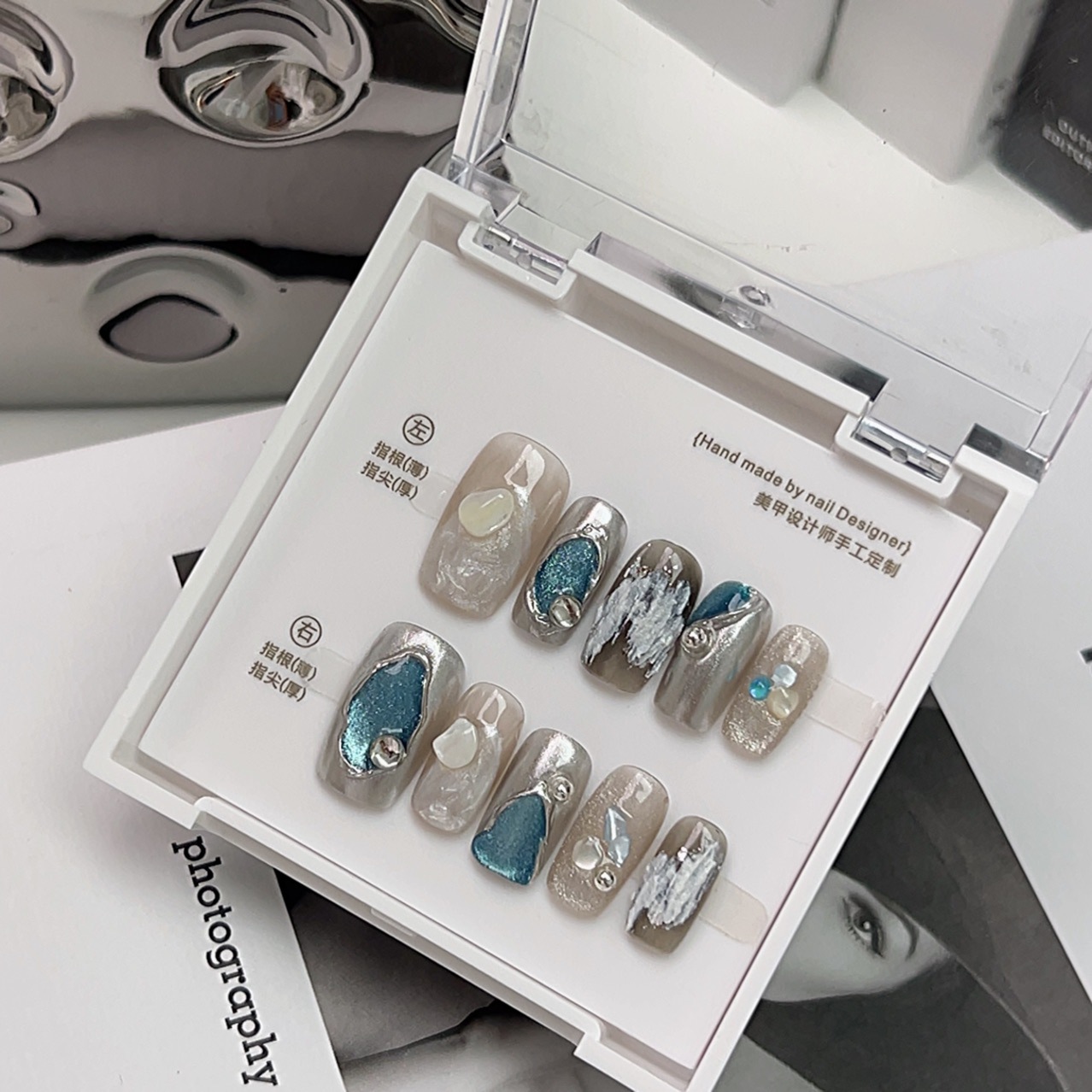 Original high-level hand-worn armor ins style texture white nail stickers small cat's eye nail art