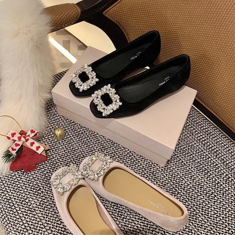 Sheepskin Version ~ Rhinestone Square Buckle Genuine Leather Mary Jane Shoes Women's French Style Beautiful Small Heels Flat Shoes Soft Bottom Pumps