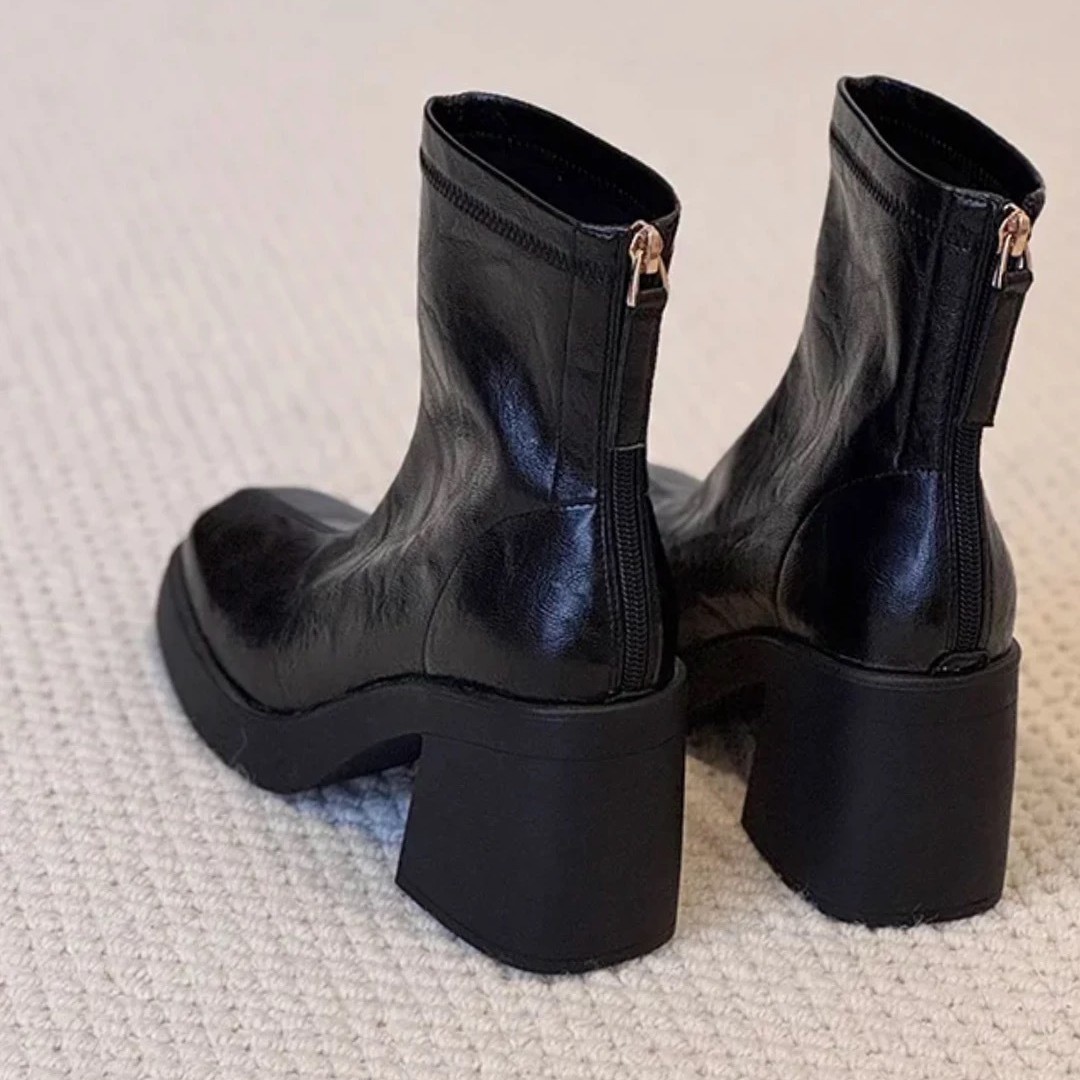 Soft Leather Version ~ Height-Increasing Fleece-Lined Short For Petite Women, High Heels, Chunky Heel Martin Boots,_voghion.com