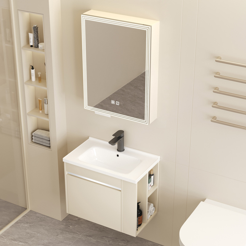 Cuenca cerámica integrada de almacenamiento lateral tipo casa pequeña con aire de crema gabinete de baño de madera maciza lavabo de baño combinación