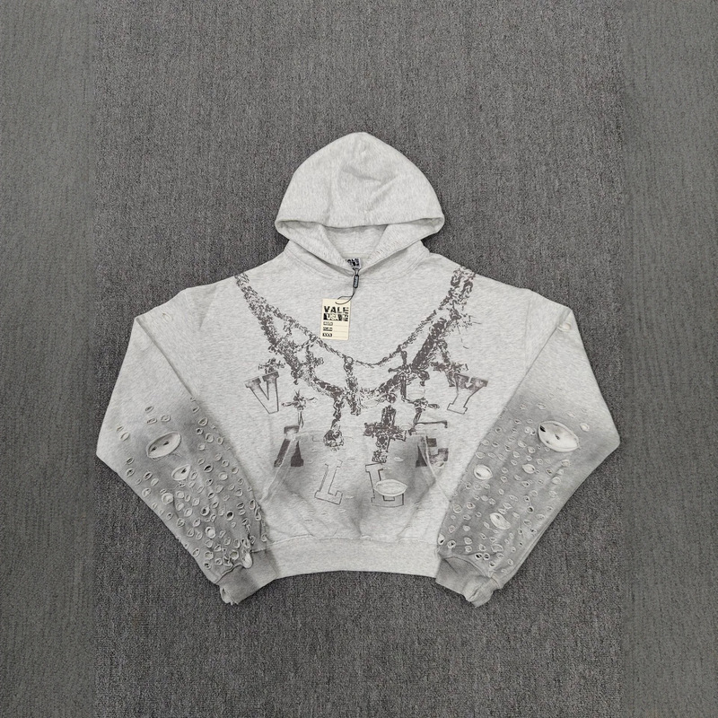 Vale Valley American high street fashion brand patterned vintage washed distressed terry loose hooded sweatshirt cardigan Vale Valley American high street fashion brand patterned vintage washed distressed terry loose hooded sweatshirt cardigan