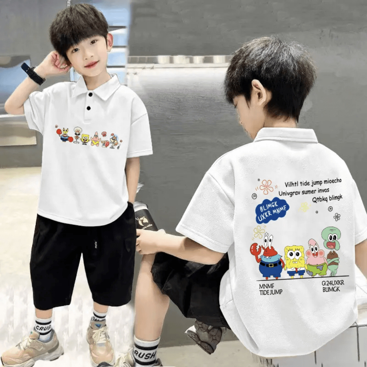 Boys casual short-sleeved Polo head national trend printed pure cotton children's short-sleeved summer fashionable Korean version mid-to-big children's trend