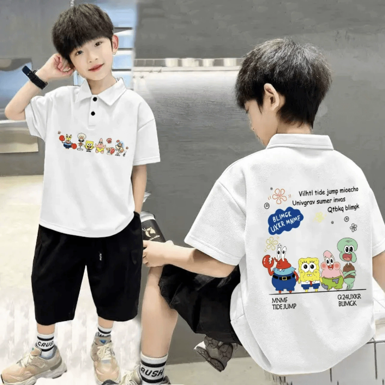 Boys casual short-sleeved Polo head national trend printed pure cotton children's short-sleeved summer fashionable Korean version mid-to-big children's trend