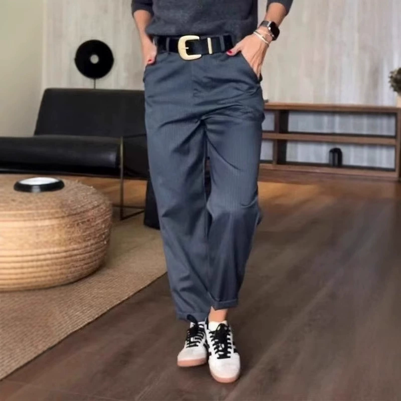 Новые женские брюки 2025 года: европейский и американский стиль, весна-осень, с высокой талией, в полоску, прямые, универсальные, дизайнерские, повседневные.