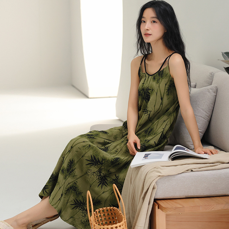 吊带睡裙女带胸垫睡衣女士夏季纯棉双层纱布背心高级感长款连衣裙|undefined