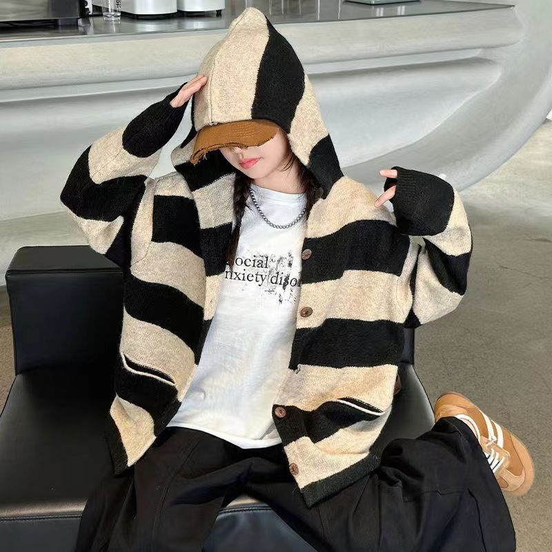 女孩条纹连帽撞色开衫中大童春秋新款时尚单排扣百搭甜美复古外套|undefined