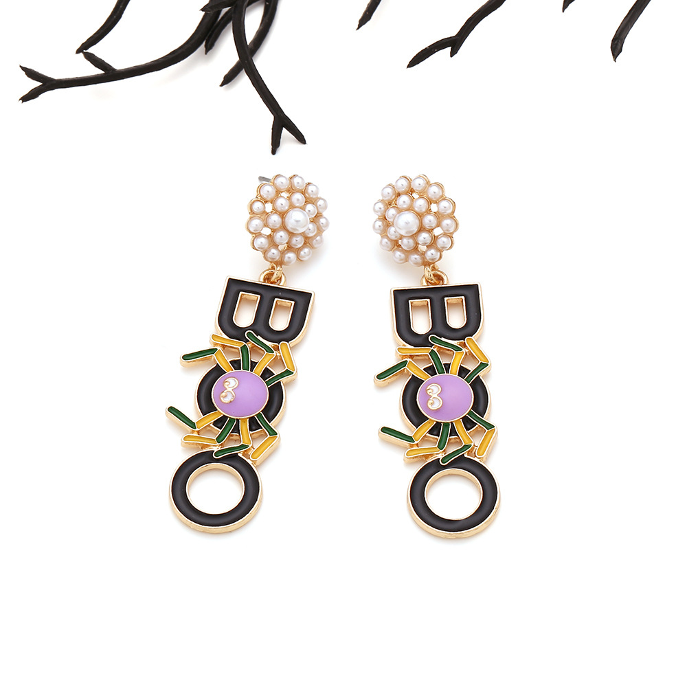 1 Pair Quantity Carnival, Festival, Street Occasion 1 Pair Halloween Hip-Hop Funny Letter Spider Enamel Plating Inlay Alloy Artificial Pearls Drop Earrings