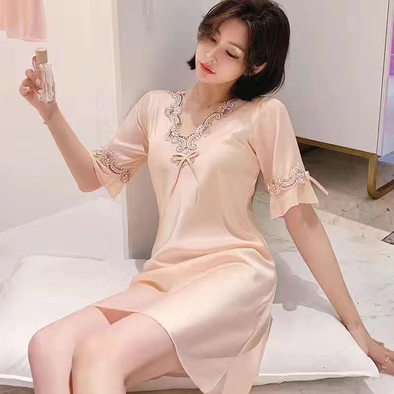 Pajamas for Women in Summer, Sexy Ice Silk Thin Loose Large Size Nightgown, Summer Korean Style Lace Short-Sleeved Outer Dress Pajamas for Women in Summer, Sexy Ice Silk Thin Loose Large Size Nightgown, Summer Korean Style Lace Short-Sleeved Outer Dress