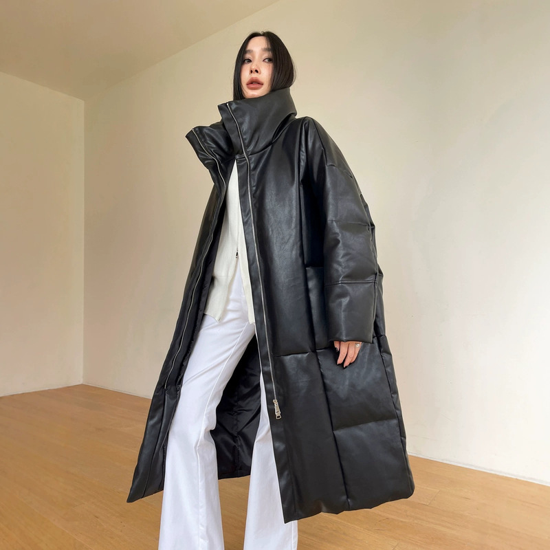 No-Wash Pu Leather down Jacket for Women, Long Style, New Winter Stand-Collar Coat, Stylish Loose Protein Leather Puffer Jacket No-Wash Pu Leather down Jacket for Women, Long Style, New Winter Stand-Collar Coat, Stylish Loose Protein Leather Puffer Jacket