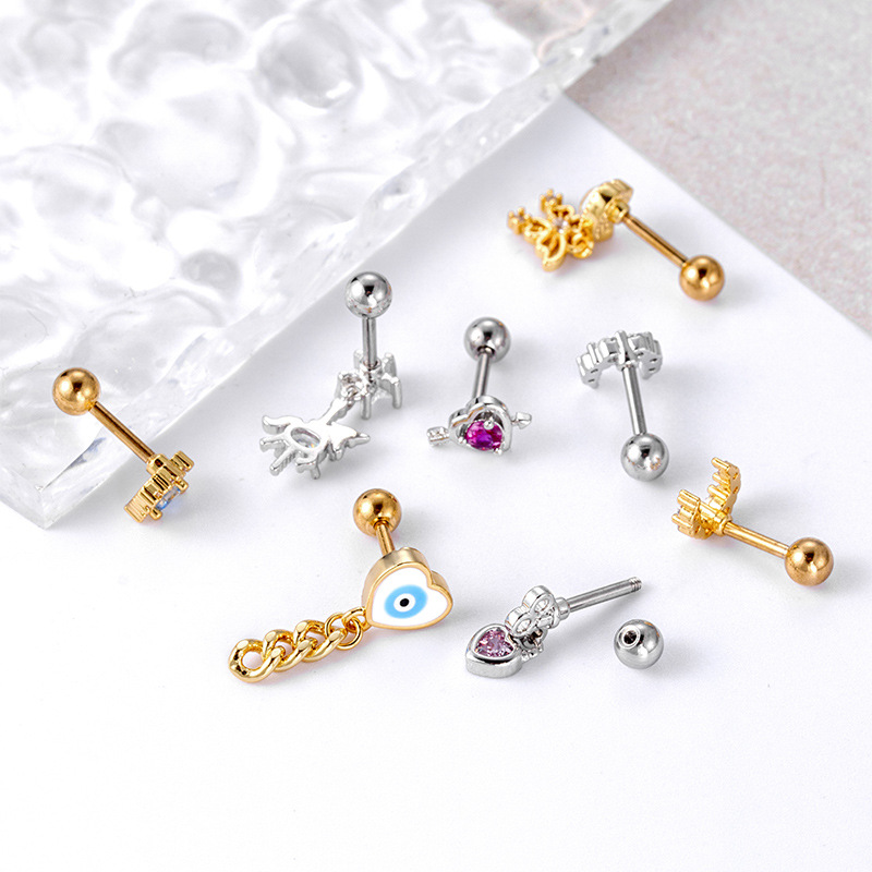 Pendentif lune amour papillon, 2 pièces, os en Zircon, acier inoxydable, vis à Double tête, tige épaisse, perforation du Cartilage_voghion.com