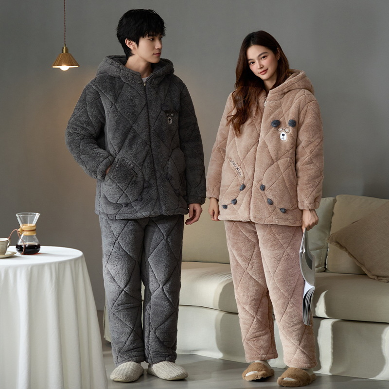 Winter Pajamas for Couples, Thickeneded with Velvet, Three-Layer Quilted Coral Velvet, Warm Cartoon, Can Be Worn Outside, Couple Home Clothes