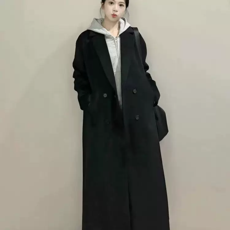 黑色呢子大衣女高个子长款宽松显瘦2025秋冬新款韩版过膝毛呢外套
