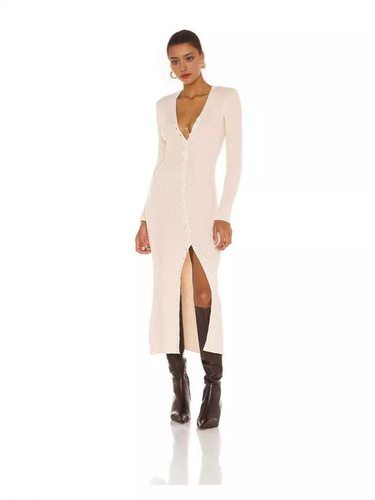 Annual women's knit long-sleeved single-breasted dress V-neck slim long dress