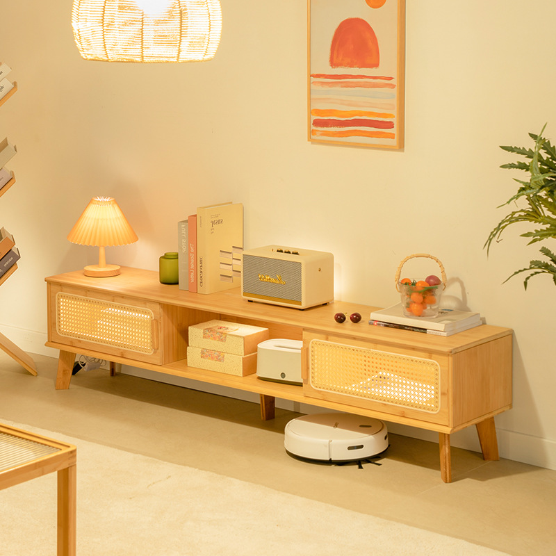 Mueble de TV de estilo japonés, combinación de mesa de centro, gabinete bajo de apartamento pequeño, sala de estar, estilo de madera, gabinete de almacenamiento de puerta corrediza de ratán, gabinete de almacenamiento