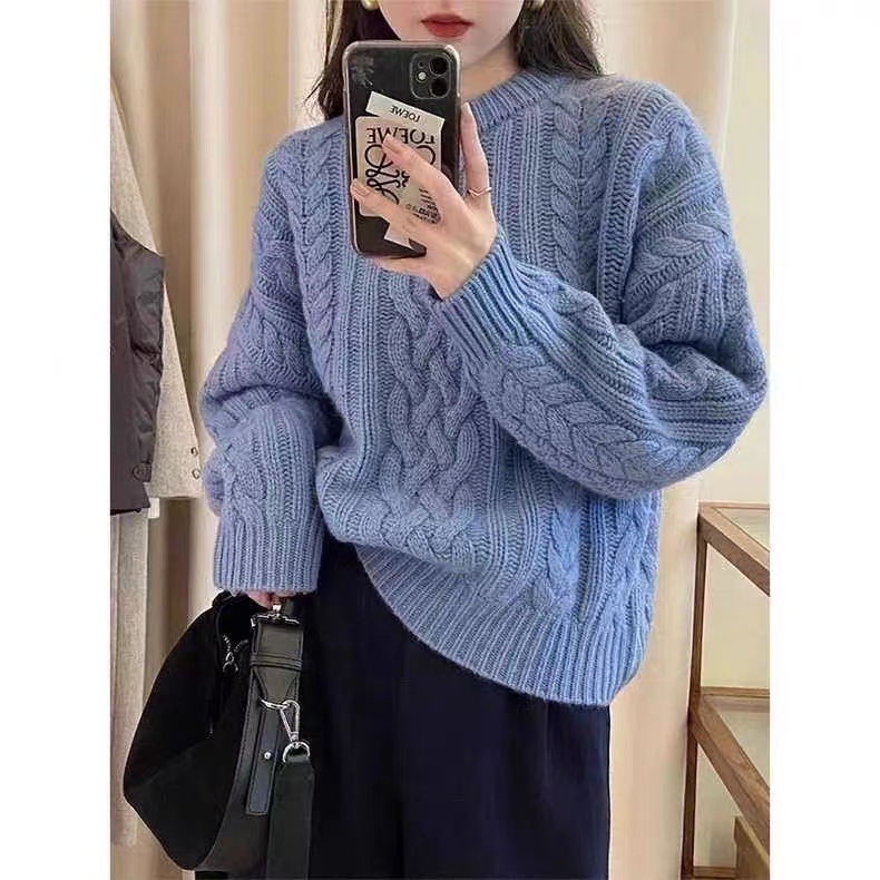 韩国 八奶麻花软糯毛衣女宽松高质感套头上衣针织衫|undefined
