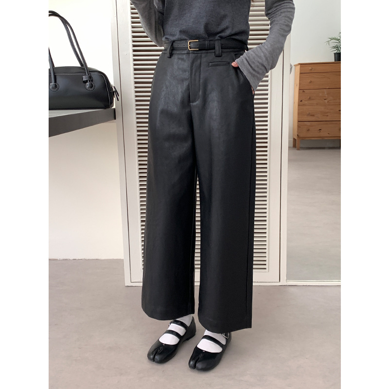 ICC 여성의 우아한 통근 네트 에디션 슬리밍 스트레이트 레그 팬츠 PU 가죽 팬츠 여성의 가을과 겨울 새로운 올 매치 팬츠 06502