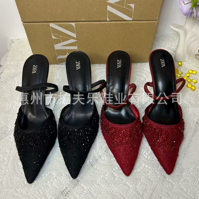 Za2025 Home Mesh Breathable Rhinestone Pointed Toe High Heels Women's Summer New Baotou Fashion Slingback Fashion Sandals