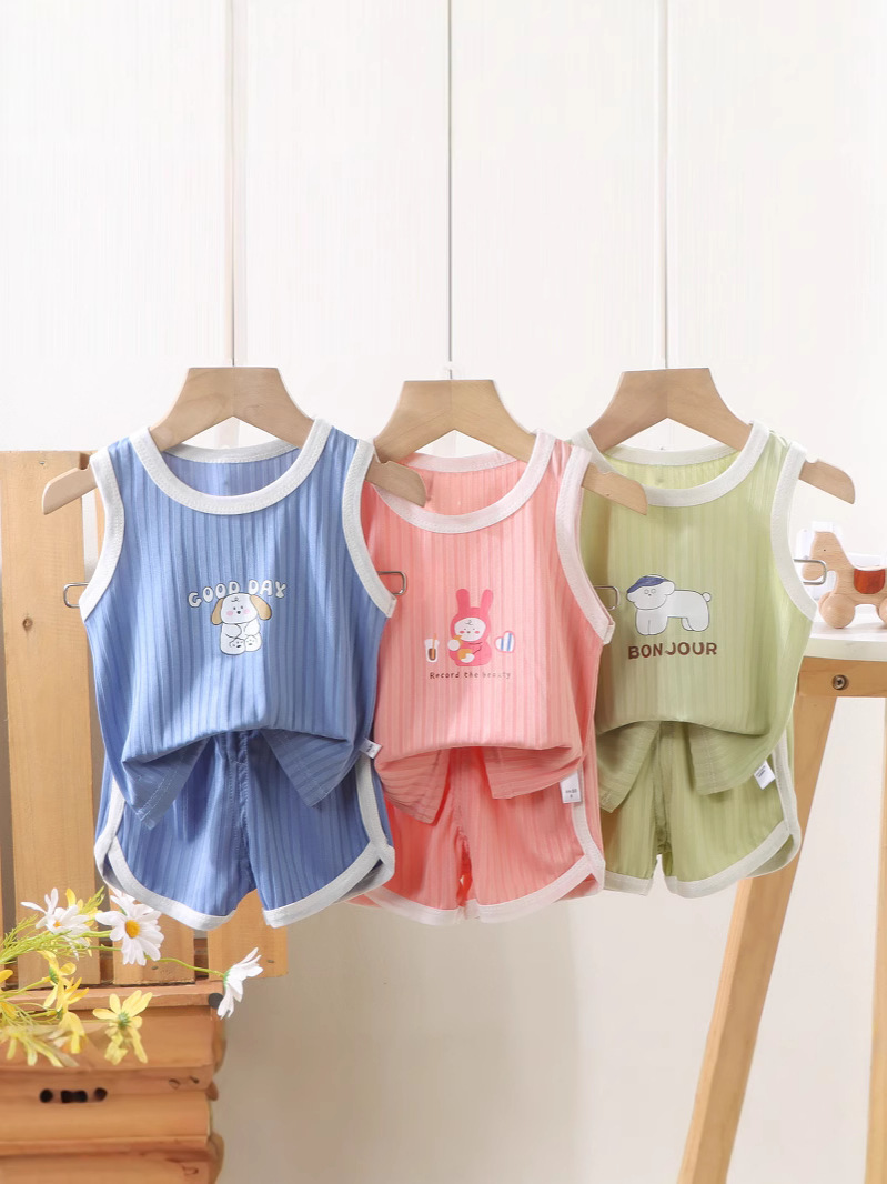 Traje de chaleco para niños, pantalones cortos sin mangas de seda de hielo finos de verano para niños y niñas, traje deportivo de ocio para bebés de dos piezas