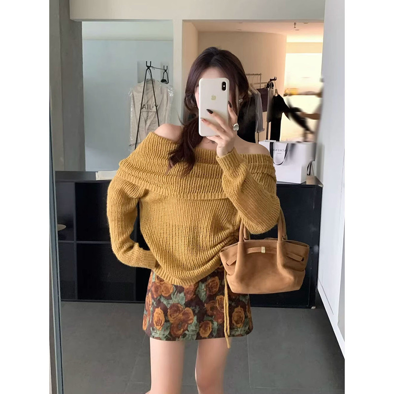 高级感气质套装女2025秋季新款翻领抽褶针织衫印花半身裙两件套潮|undefined