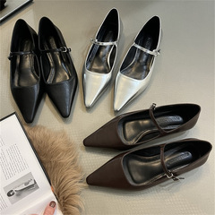 銀色尖頭一字扣帶瑪麗珍鞋女2024春夏顯瘦小皮鞋氣質淺口低跟單鞋