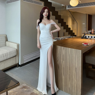 Sexy Long Split Floor Mop Women's Long Dress Nightclub Chest Wrap Backless Evening Dress Banquet Host Car Model Dress