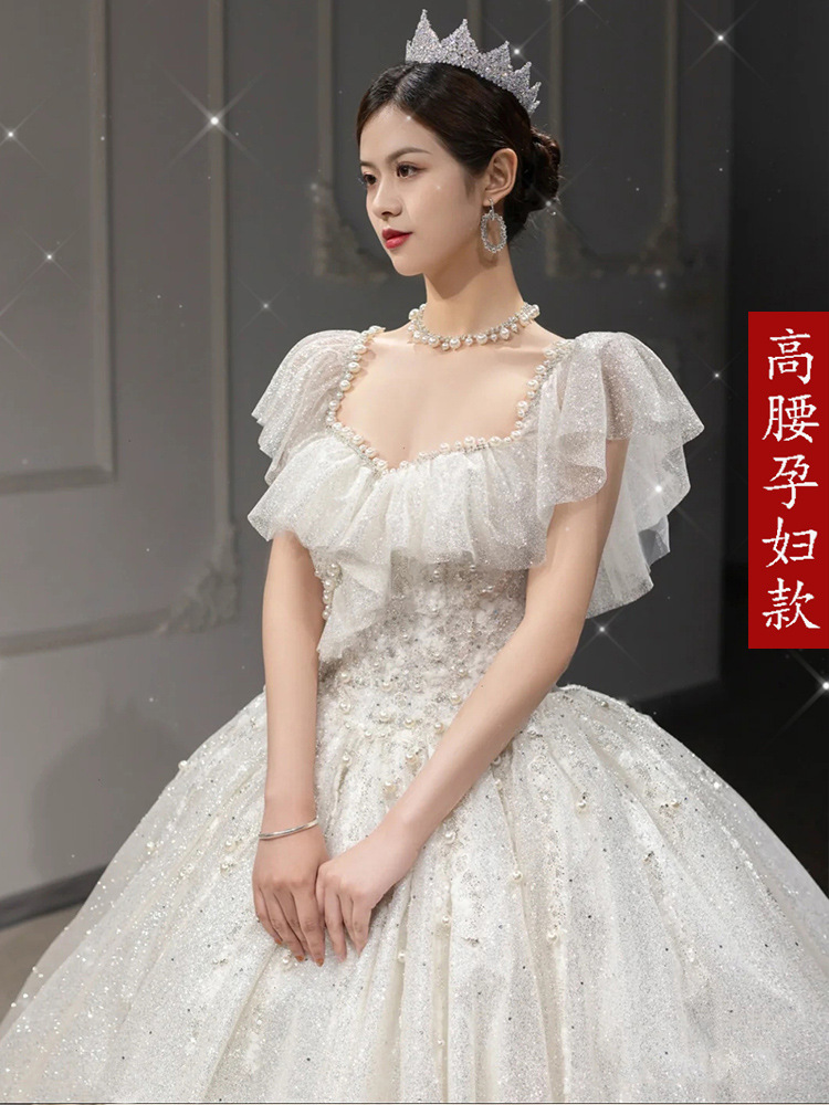 Vestido de novia ligero estilo francés de un solo hombro, modelo 2026, con cola larga para novias embarazadas, vestido de novia de talla grande con cintura alta D85.