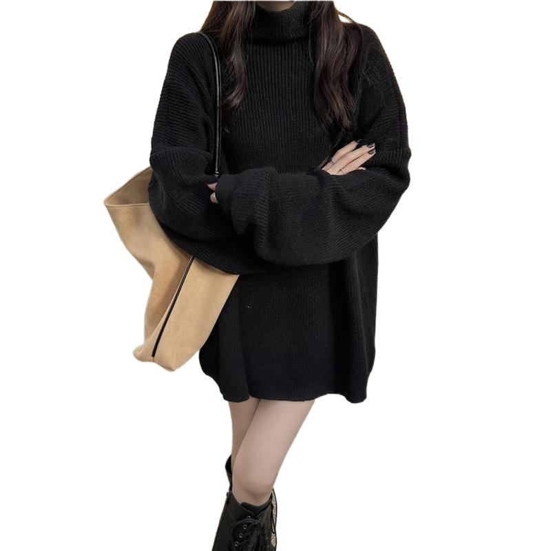 한국 스타일 레트로 2024 새로운 중간 길이 겨울 하이 칼라 게으른 스웨터 니트 언더 슈트 누락 루즈 탑 트렌디