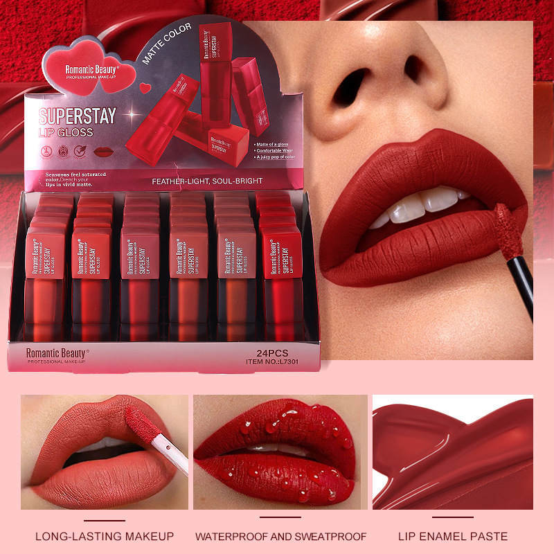 Lápiz labial cuadrado transfronterizo con procesamiento personalizado, brillo labial tintado, belleza mate de larga duración, maquillaje con textura aterciopelada, lápiz labial OEM