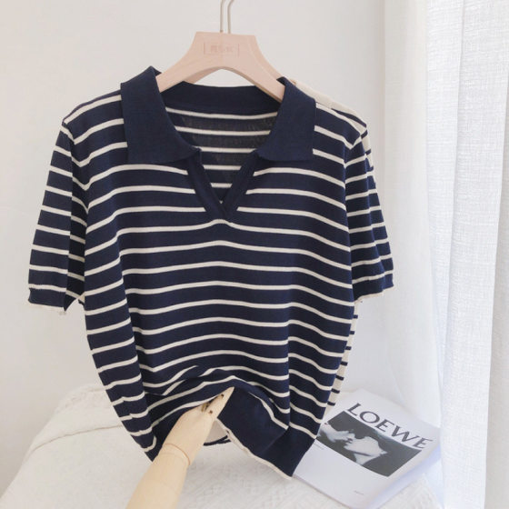 Knitted Sweater Short-sleeved Shirt Women's Summer Ice Silk Thin Korean Navy Style Color Striped Loose Top