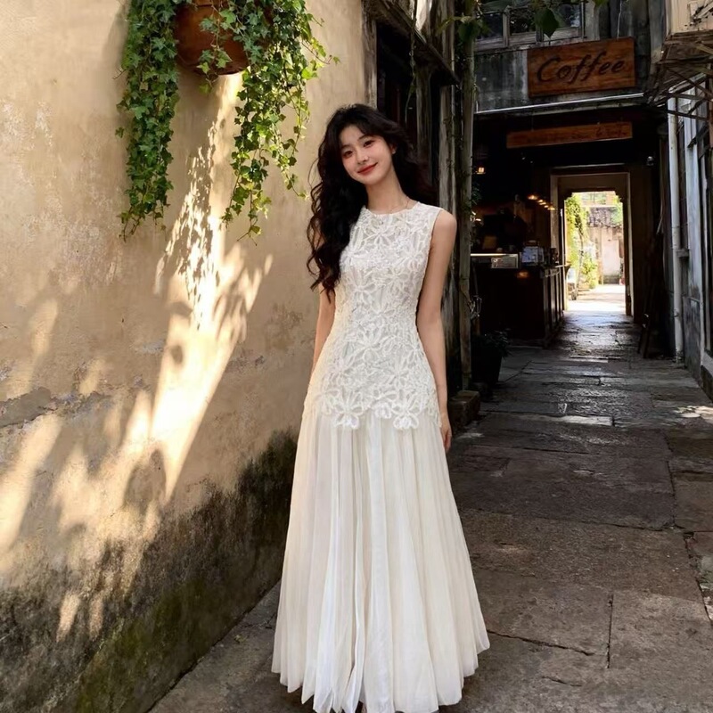 Rich Girl Style Sequined Lace Vest Dress, Birthday Dress for Girls, High-End Elegant Waist-Cinching Mesh Long Dress Rich Girl Style Sequined Lace Vest Dress, Birthday Dress for Girls, High-End Elegant Waist-Cinching Mesh Long Dress