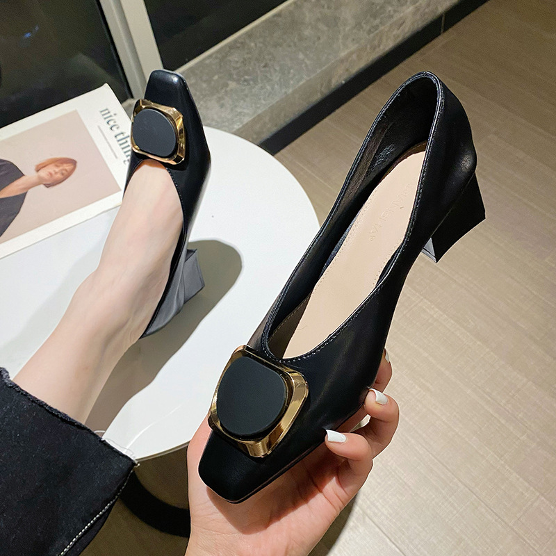Real cowhide mid-heel women's shoes 2023 summer new shallow-mouth thick-heeled square-toed single shoes women's slip-on loafers high-heeled_voghion.com