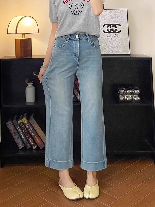 浅色直筒牛仔裤女夏季薄款大码胖mm高腰显瘦小个子宽松九分阔腿裤|undefined