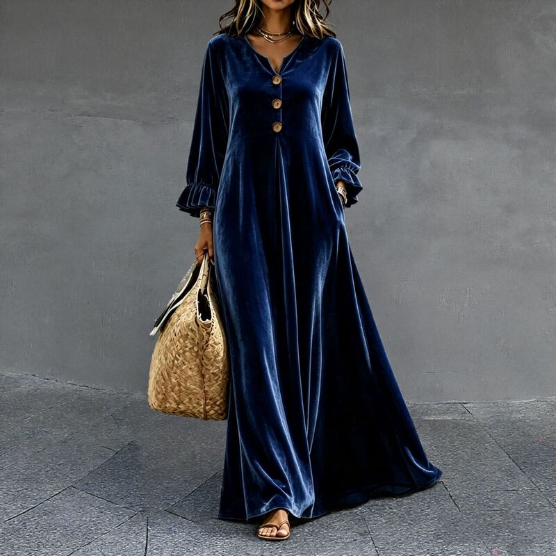 New European and American autumn/winter women's clothing: velvet loose-fitting dress with ruffled sleeves and an elegant V-neck