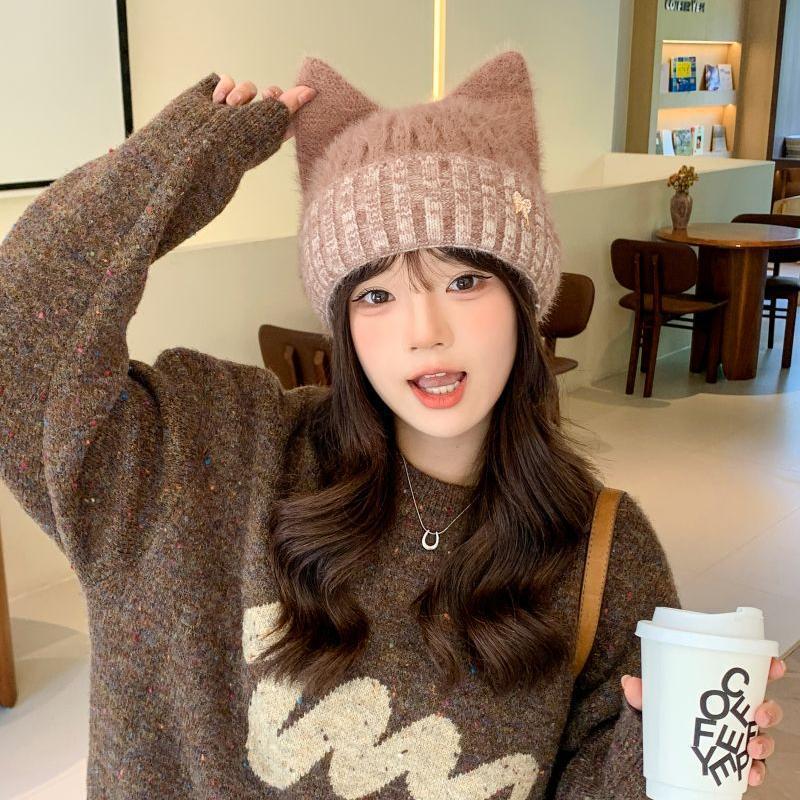 可爱猫耳朵毛线帽子女秋冬季新款加厚保暖户外防寒百搭针织帽批发|undefined