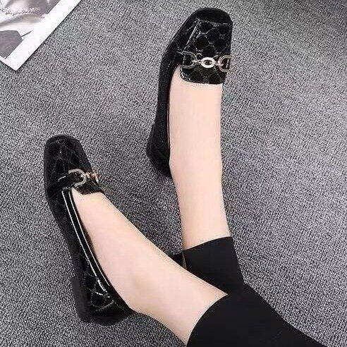 Patent Leather Casual Pea Shoes 2024 Autumn New All-match Small Leather Shoes Flat Soft Sole Comfortable Breathable Square Toe Women's Single-layer Shoes