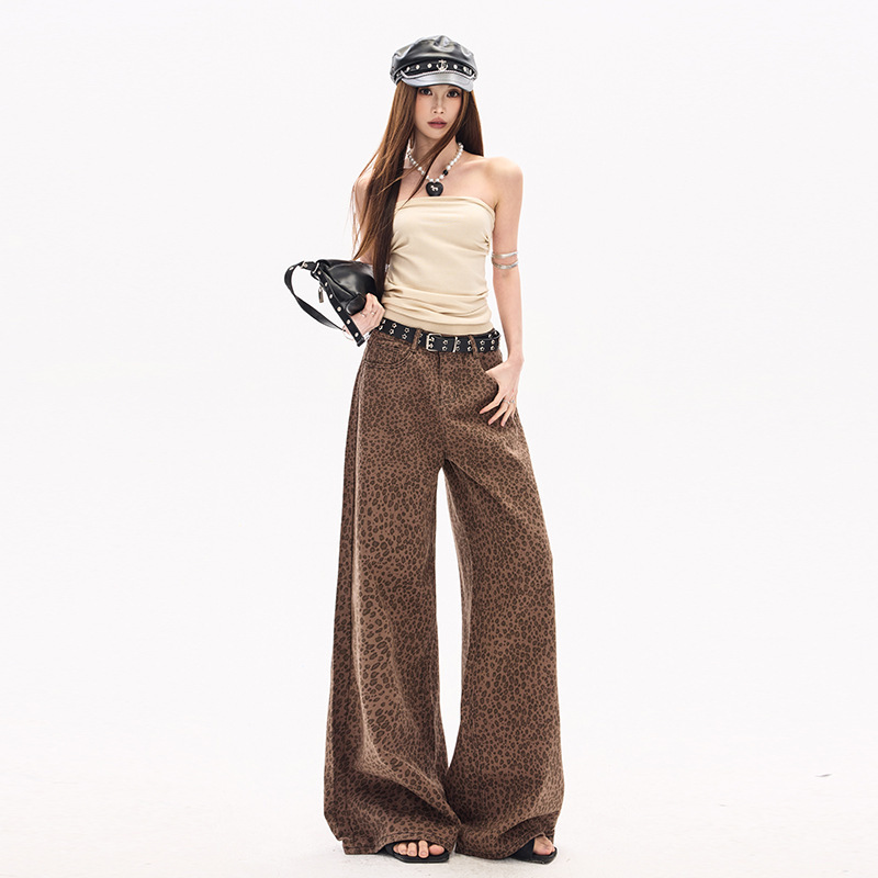 Heart Embroidery Low-Saturation Leopard Print Jeans for Women 2026 Spring New American High Street Style Wide-Leg Loose Floor-Length Pants