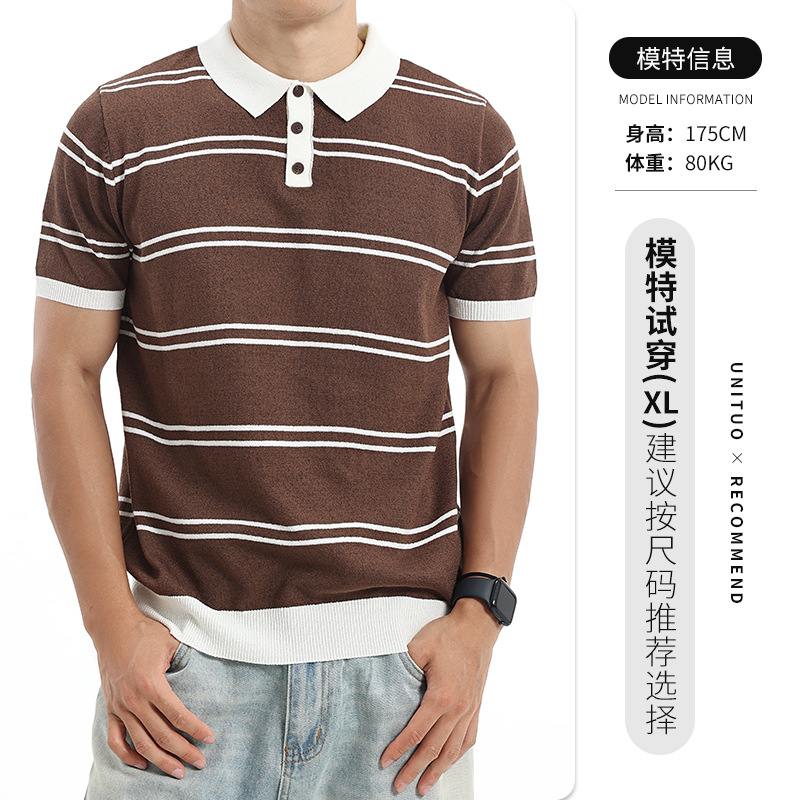 Verano para hombres con collar de contraste a rayas de hielo polo transpirable mangas cortas de negocios casual alta sensación de ropa de hombre image 9