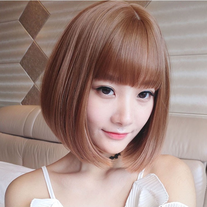 Peruca de cabello corto estilo de aire boquetes Bobo cabeza de perilla de cabello recto rojo cara redonda estilo de cabello clavícula gris