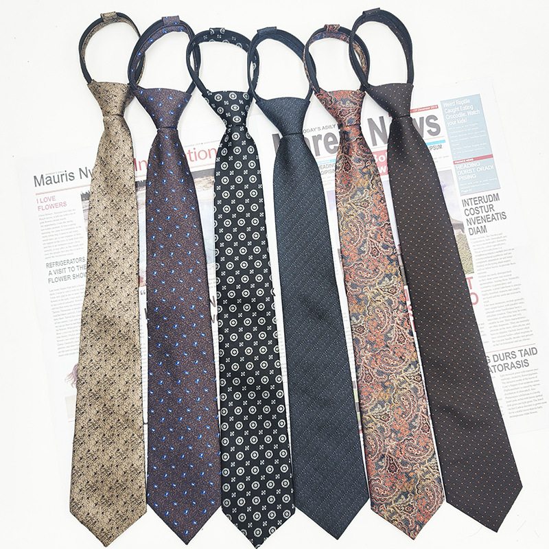Corbata casual de negocios para hombres con cremallera 7.5cm jacquard hilo de poliéster lazo perezoso sin nudos corbata spot al por mayor