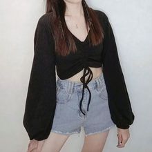 爵士舞春秋冬打歌服jazz黑色短款收腰V领上衣Hip-Hop跳舞服