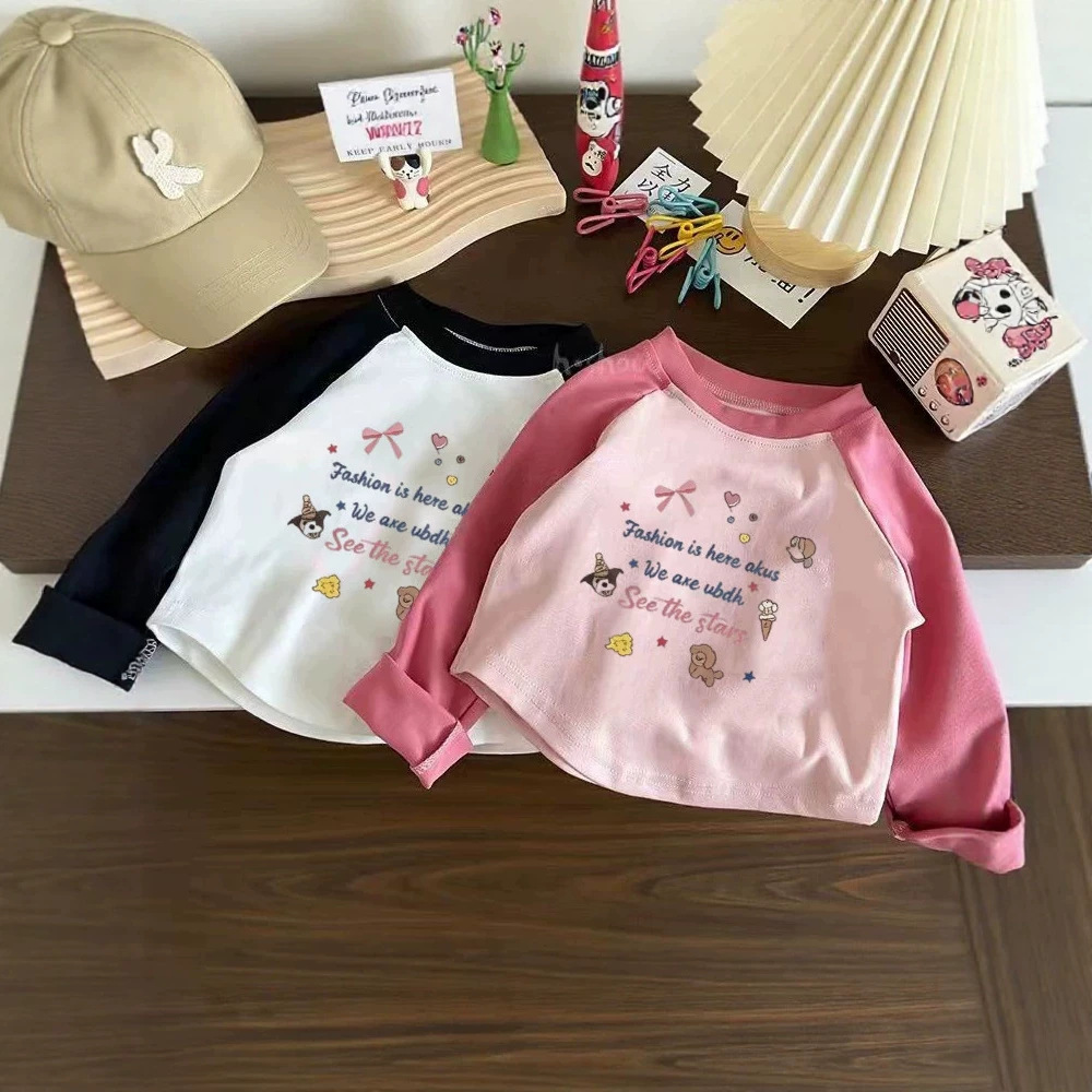 女童纯棉长袖t恤秋装2026新款儿童女孩中小童印花字母蝴蝶结上衣