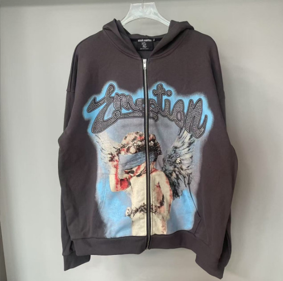 Felpa con cappuccio e cerniera, casual, unisex, a maniche lunghe, con stampa di strass e cerniera, di marca alla moda._voghion.com