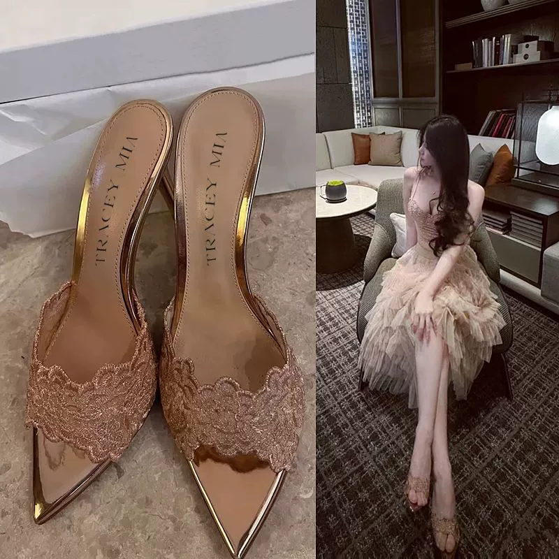 Вышитые туфли на каблуках шампанское золото вышитые холодные тапочки на каблуках 2024 летний новый сексуальный заостренный банкетный каблук